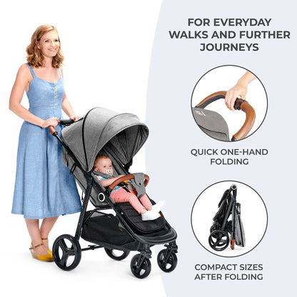 Kinderkraft GRANDE PLUS Stroller pushchair for toddlers from Birth to 22 kg, Extra-large hood, Lie-flat position, Folding with one hand, Shock absorption on all wheels, Gray