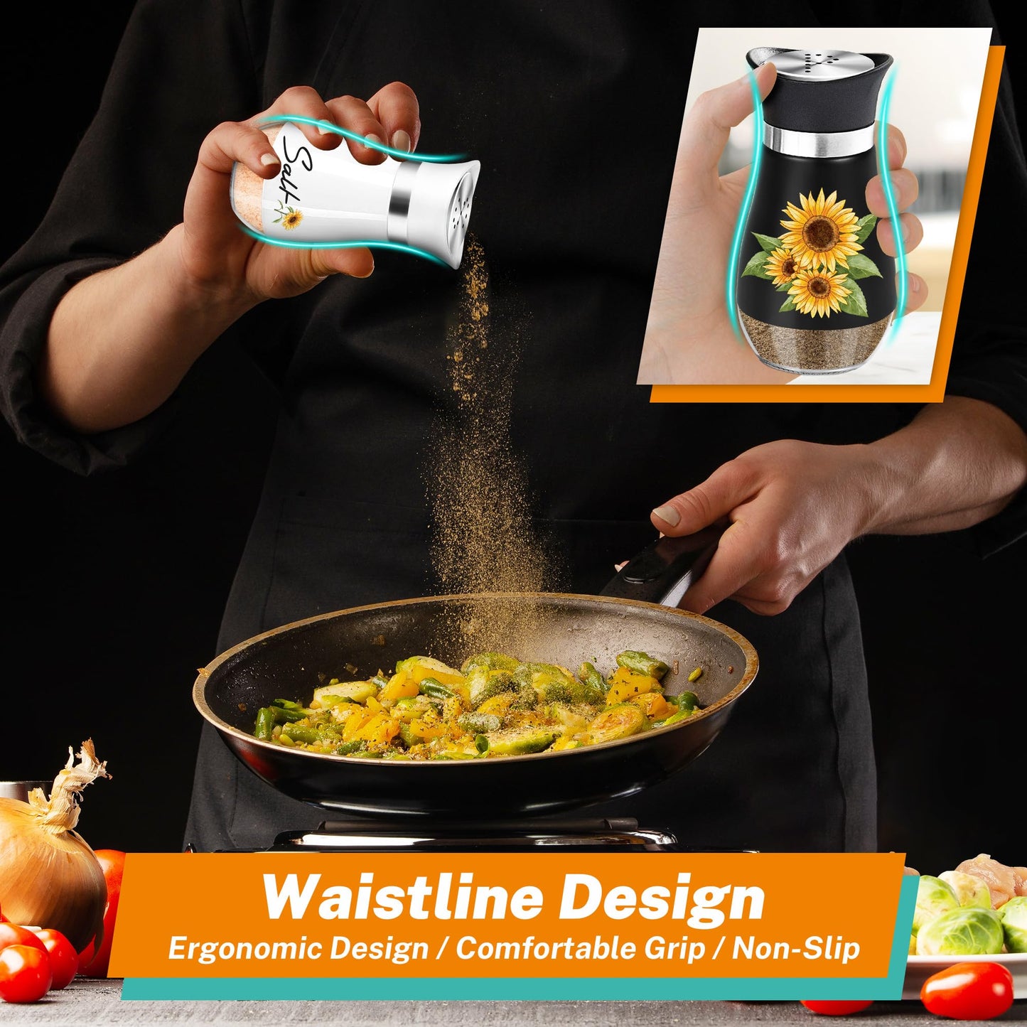 Sunflower Salt and Pepper Shakers Set - 4oz Farmhouse Kitchen Gadget and Accessories Sunflower Gifts for Decor Cooking Table,Housewarming,Thanksgiving,Christmas (Black + White)