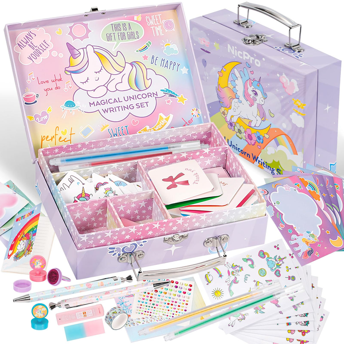 Nicpro 62PCS Unicorn Stationary Set For Girls,Unicorn Kid Toys for Aged 6-10 Years Old, Cute Stationery Supplies Letter Writing Kit Gift for 5,6,7,8,9,10 - Little Girls Ideal Christmas Birthday Gifts