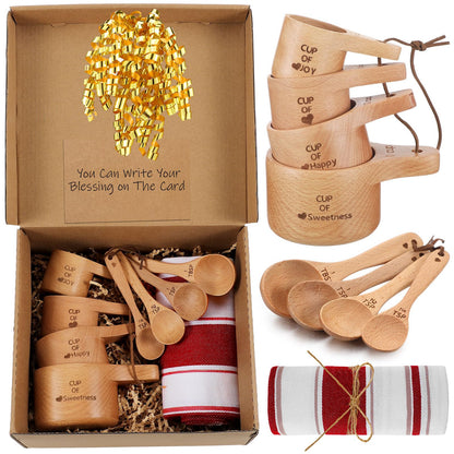 Reallnaive 14 Pcs Christmas Wooden Baking Gift Set - Wooden Measuring Cups and Spoons, Baking Towel, Greeting Card, Self-adhesive Curly Bows for Women, Dry Measuring Ingredient Christmas Kitchen Gift