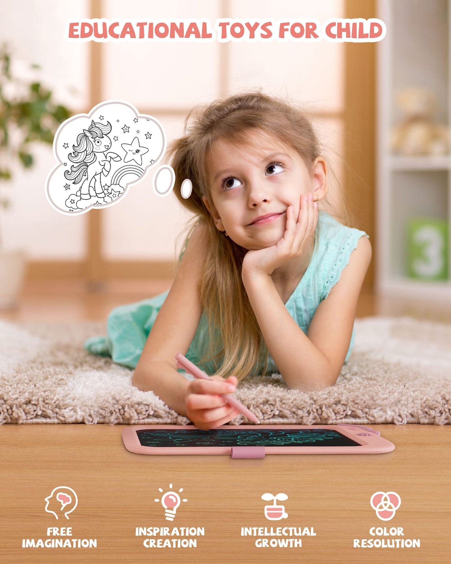 LCD Writing Tablet,10 inch Doodle Board Drawing Pad Tablet with Lock Function, Erasable, Portable, Educational Learning Unicorn Toy Gifts for 3 4 5 6 7 8 9 Years Old Girls Toddlers (Pink)