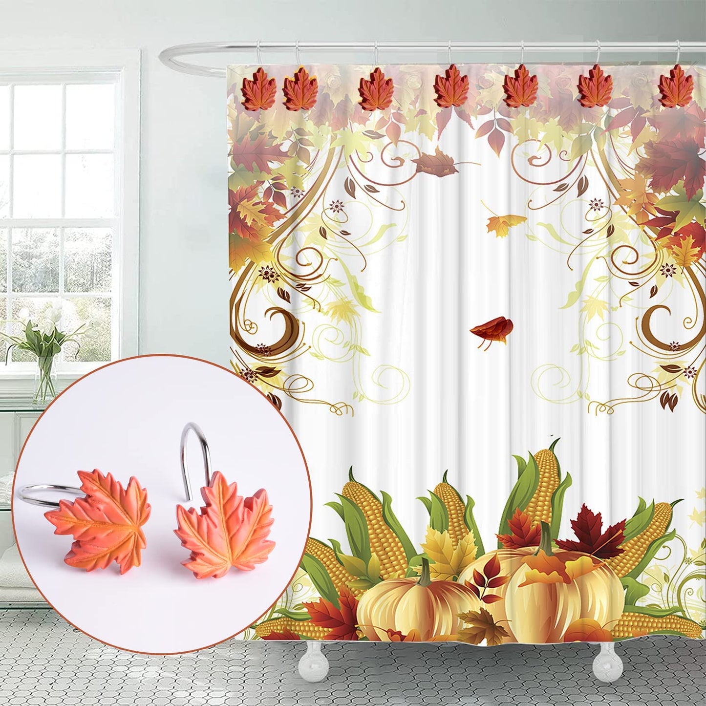 Maple Leaf Decorative Shower Curtain Hooks Rings for Fall Autumn Bathroom, Metal Shower Curtain Hooks for Halloween Thanksgiving Theme Bathroom Decoration (Red Maple Leaf)