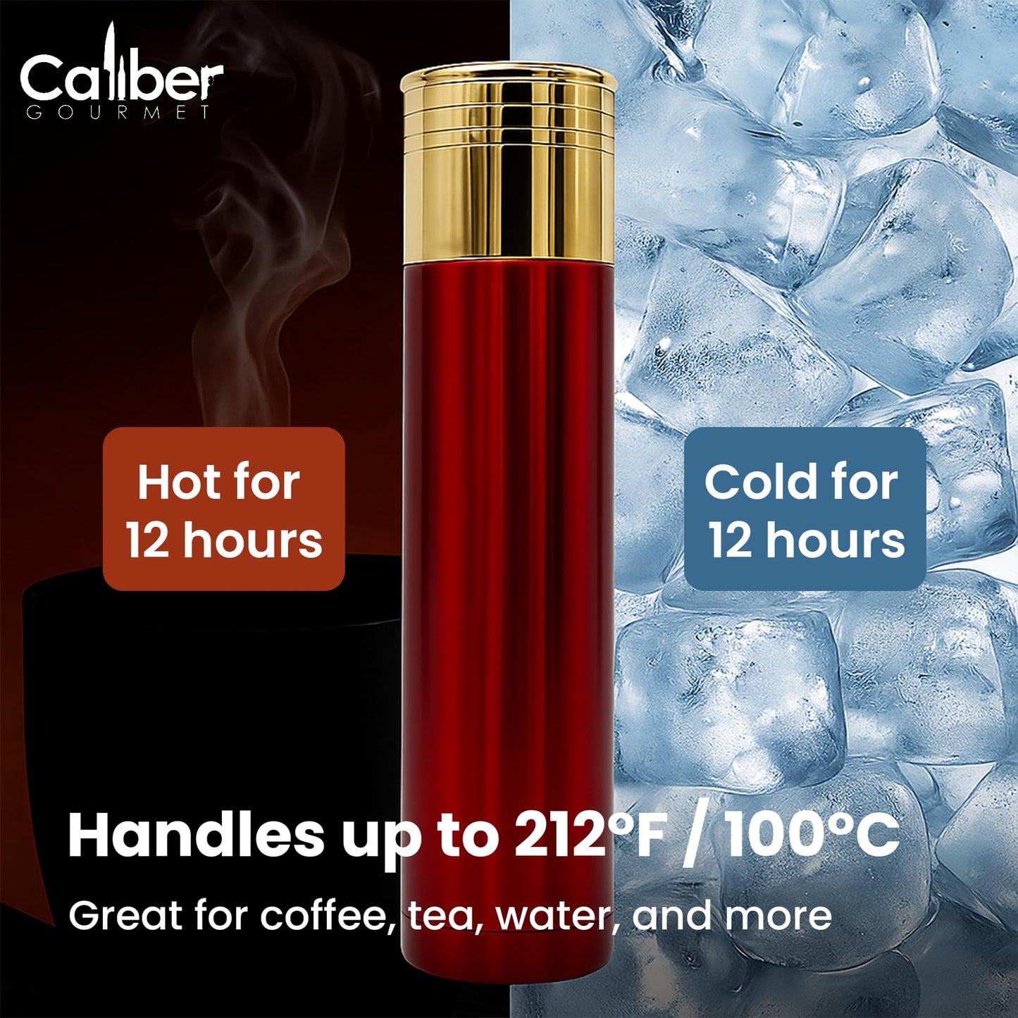 Caliber Gourmet 12 Guage Shotgun Shell Thermos Bottle 32 Ounces, Vacuum Insulated Stainless Steel Bullet Thermos – Novelty Hunting Thermos Gift for Christmas – Great for Camping Gear, Bold Red