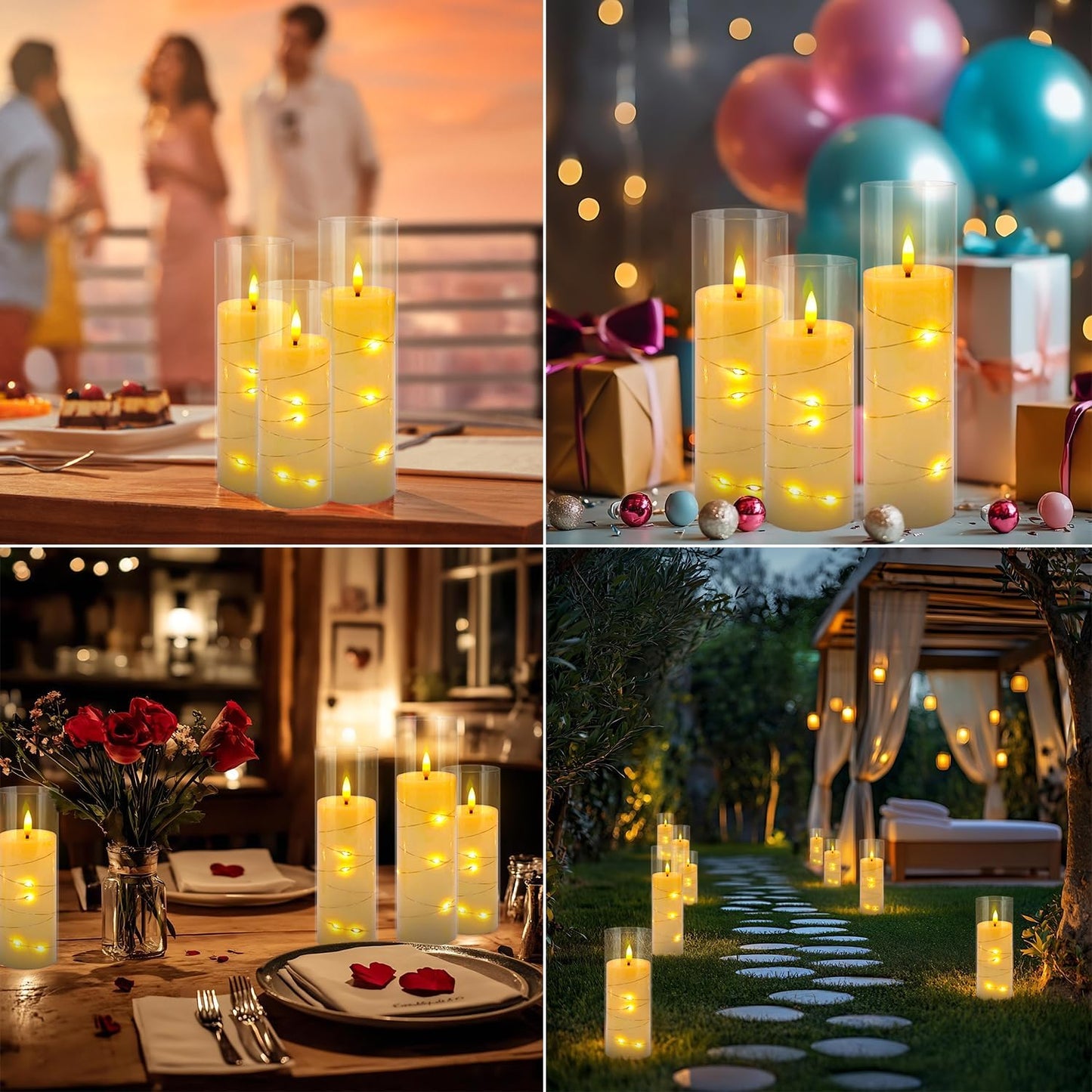 CAKETYCG 24 Pcs LED Flameless Candles with Remote, 3D Flickering Flame & LED String Lights, Acrylic Clear Cylinder, Timer Function, Romantic Ambience for Home Decor, Party, Wedding (Ivory).