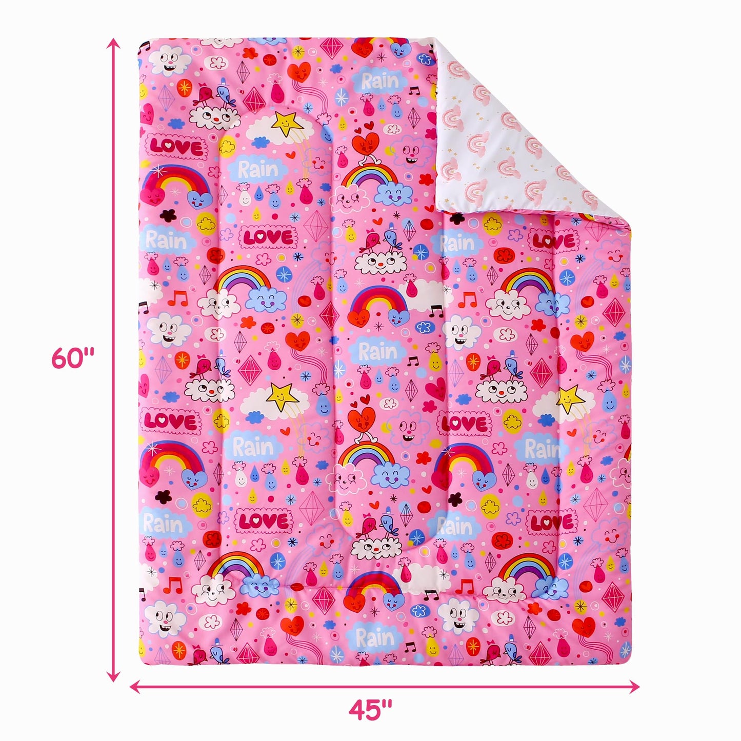 Mooreeke 4 Pieces Toddler Bedding Set - Pink Rainbow Cloud Toddler Comforter Sets for Girls, Includes Comforter, Flat Sheet, Fitted Sheet and Pillowcase, Bed in A Bag for Baby Bedroom
