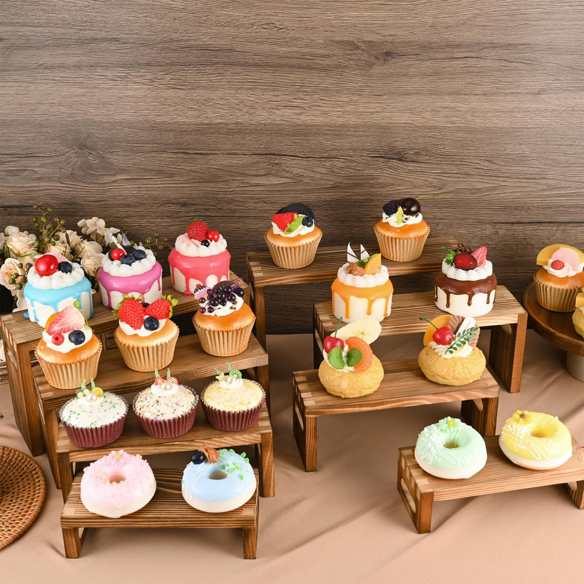 Luqvzxv 8 Pcs Wood Risers Display Stands, 2 Set Wooden Risers for Table Display, 4 Tier Rectangular Riser Display Stand Wooden for Cupcake, Desserts, Perfume, Collections, Jewelry Showcase