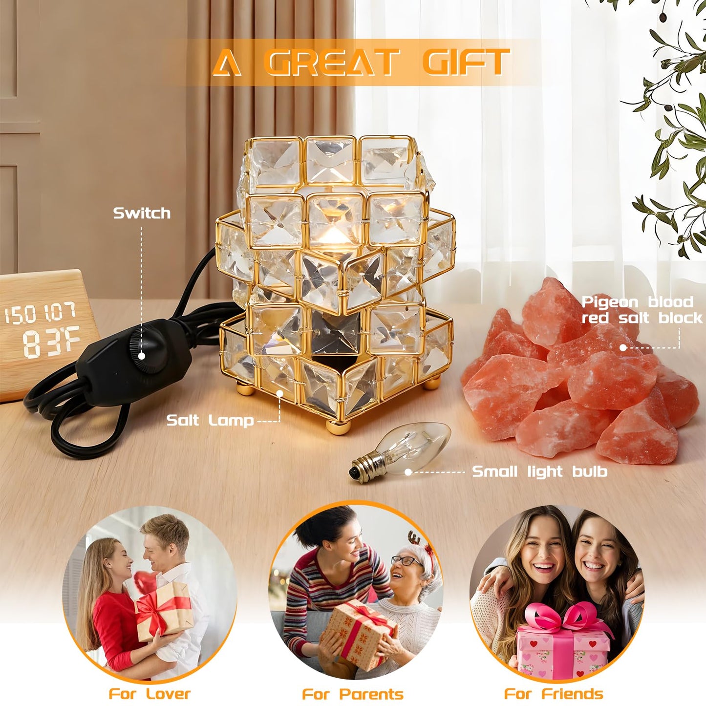 Natural Himalayan Pink Salt Lamp, Dimmable Single Lighting, Plug-in Powered, Crystal Salt Rock Lamp, Glow Night Light for Bedroom Office, UL & ETL Certified Cord