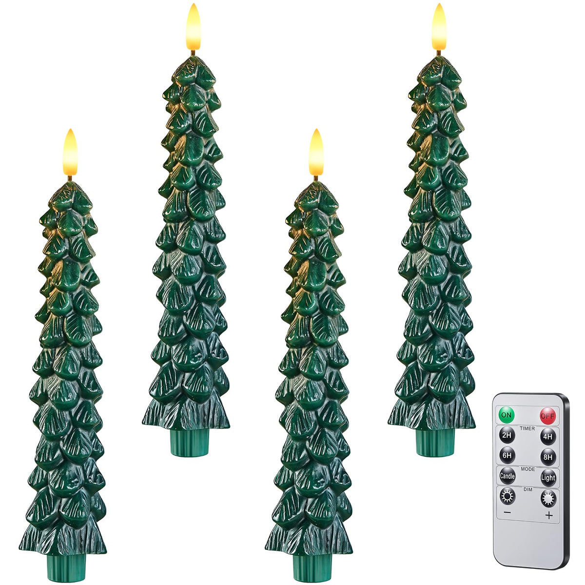 SURAIELEC Battery Operated Christmas Tree Candles, Remote Flameless Tree Taper Candles, Real Wax Finish, Flickering LED Candle, 9.5'' Christmas Candlesticks for Window, Mantel, Dining Table, 4-Pack