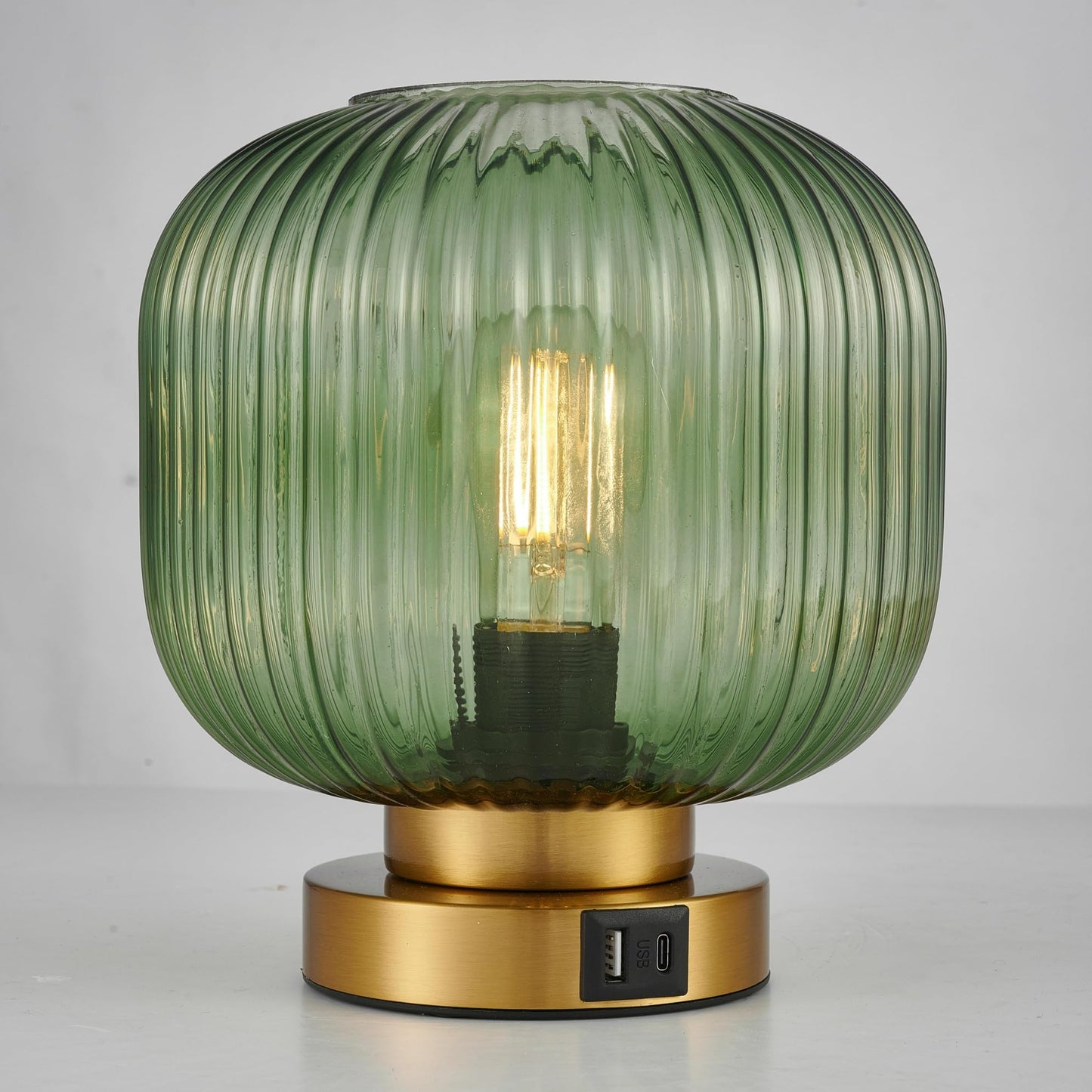 Touch Table Lamp with USB C+A Charging Ports, 3-Way Dimmable Bedside Lamp for Bedroom, Green Glass Shade & Brass Base, Plug-in E26 Desk Lamp for Nightstand Living Room Home Office Home Décor