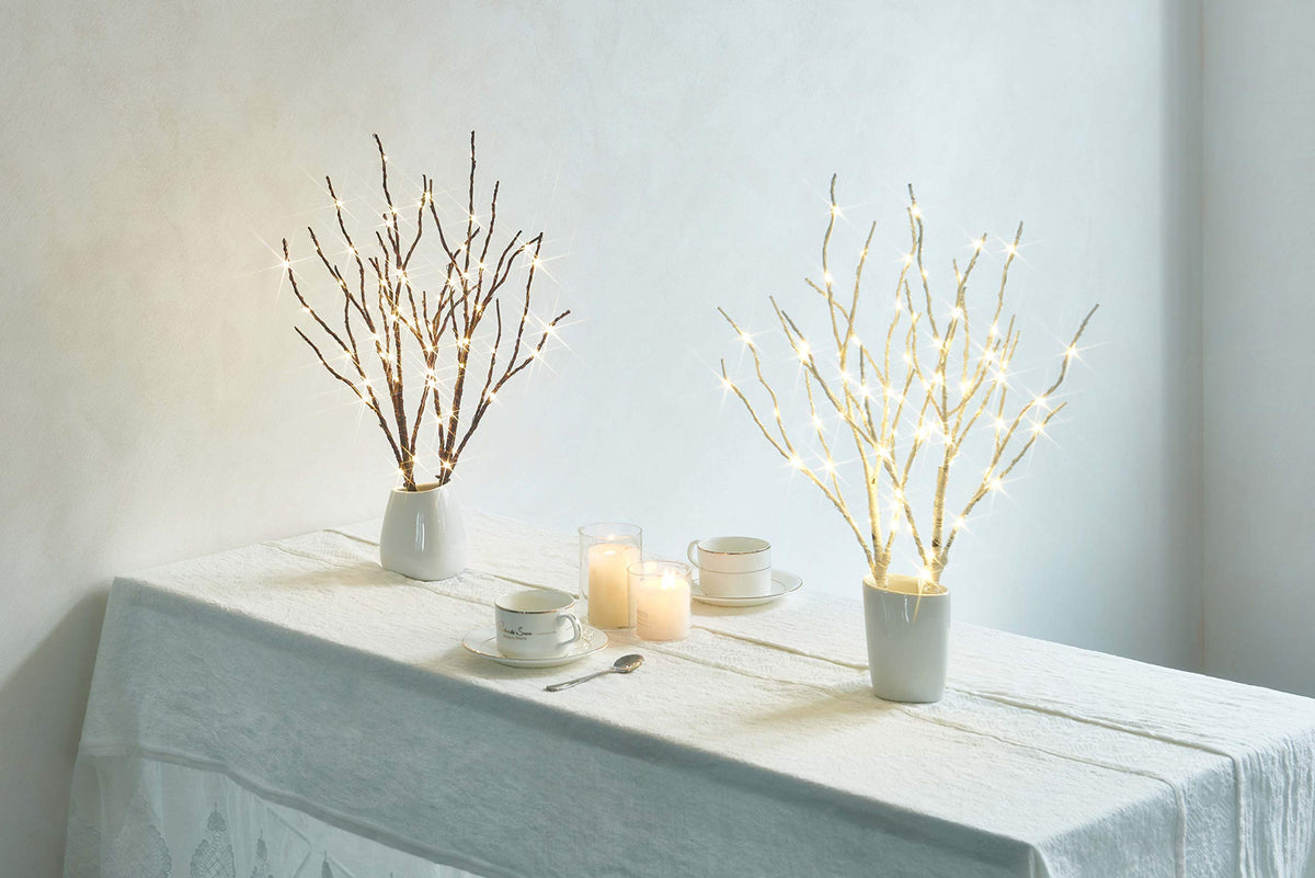 Fudios Lighted Birch Branches 18IN 70 Warm White LED with Timer Twig Lights Battery Operated for Christmas Wedding Party Decoration(2 Set)