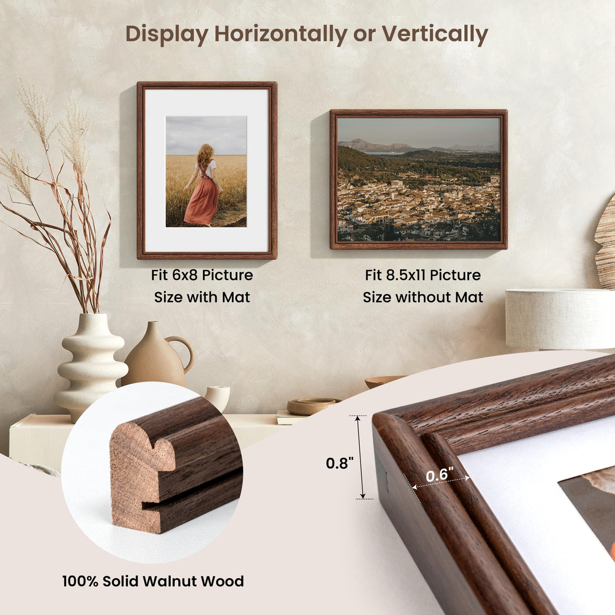 RICHFOCUS 8.5x11 Picture Frame, Natural Solid Walnut Wood Picture Frame with High Tempered Glass, Handcrafted Rounded Corner 8.5 by 11 Wooden Frame Matted to 6x8 Photo for Wall & Tabletop Display