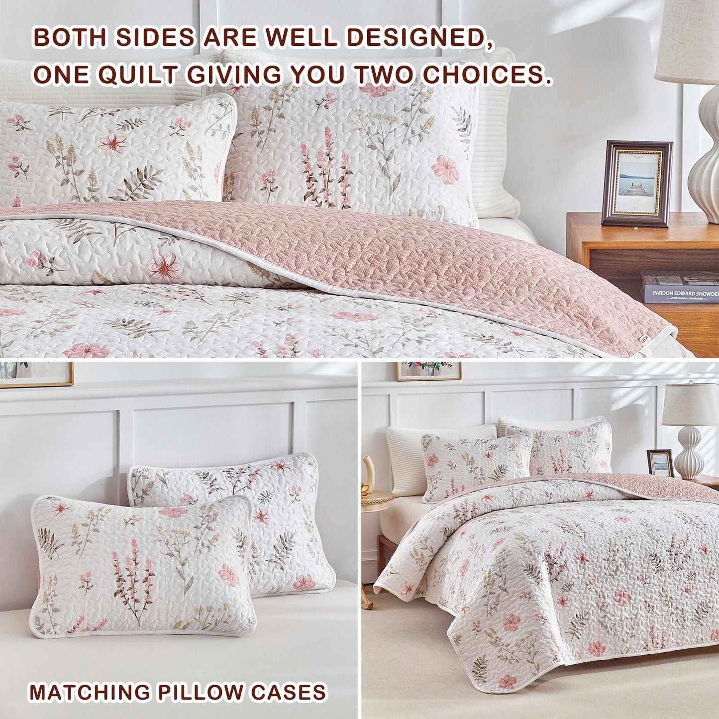 Joyreap 3 Pieces Cotton Quilt Set for Girls, Queen Size Pink Floral Design, Cozy Lightweight Quilt Bedspread Bed Cover for All Season, 1 Quilt and 2 Pillow Shams- 90x90 inches