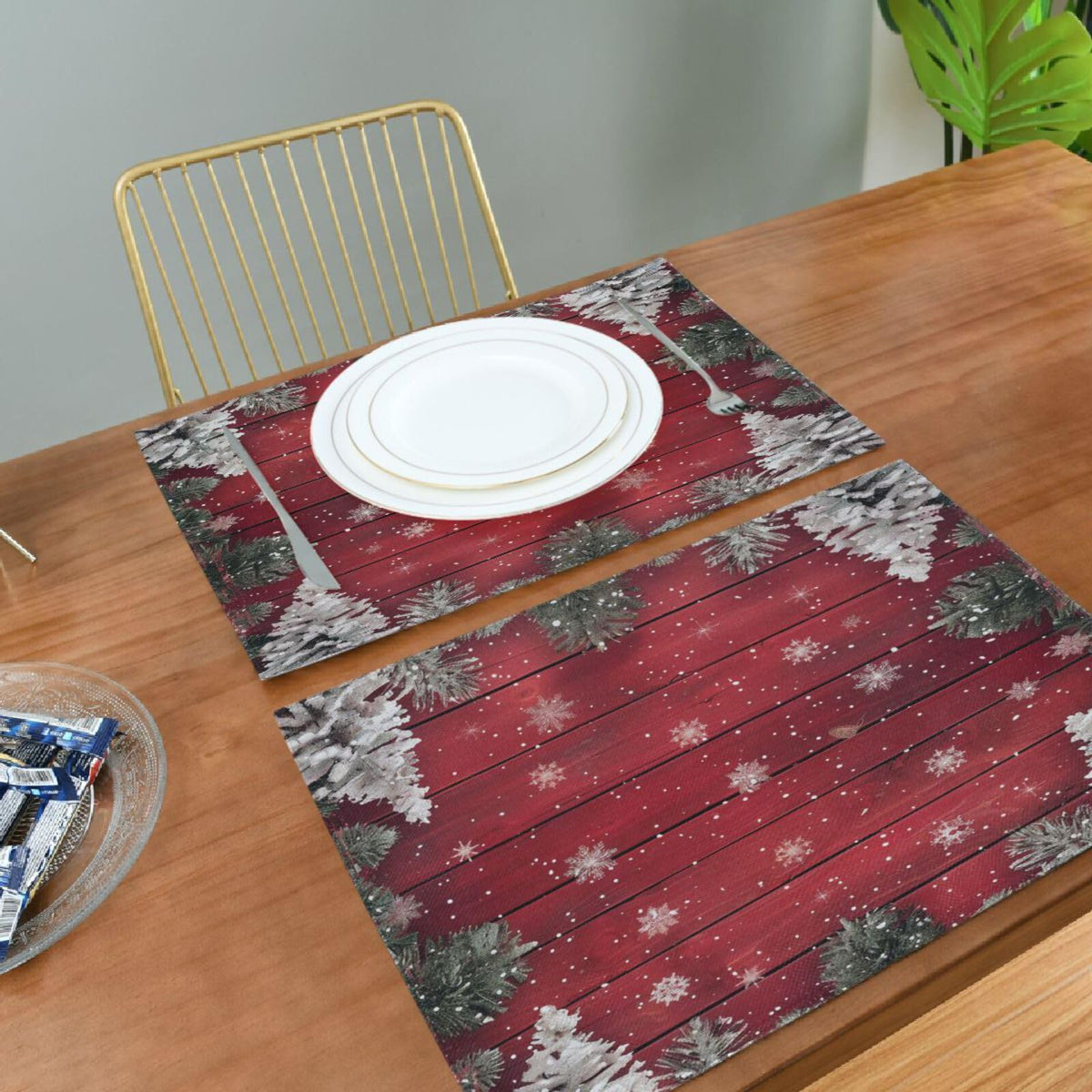 Christmas Placemats Set of 6 Happy Red Wooden Christmas Trees Placemat Table Place Mats for Dining Kitchen Table Easy to Clean Washable