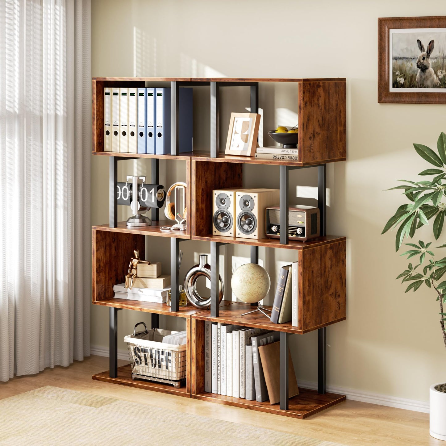 Furologee 5 Tier Bookshelf, S Shaped Geometric Bookcase, Narrow Freestanding Display Shelves, Modern Wood Decorative Storage Rack for Bedroom, Living Room, Home Office, Rustic Brown