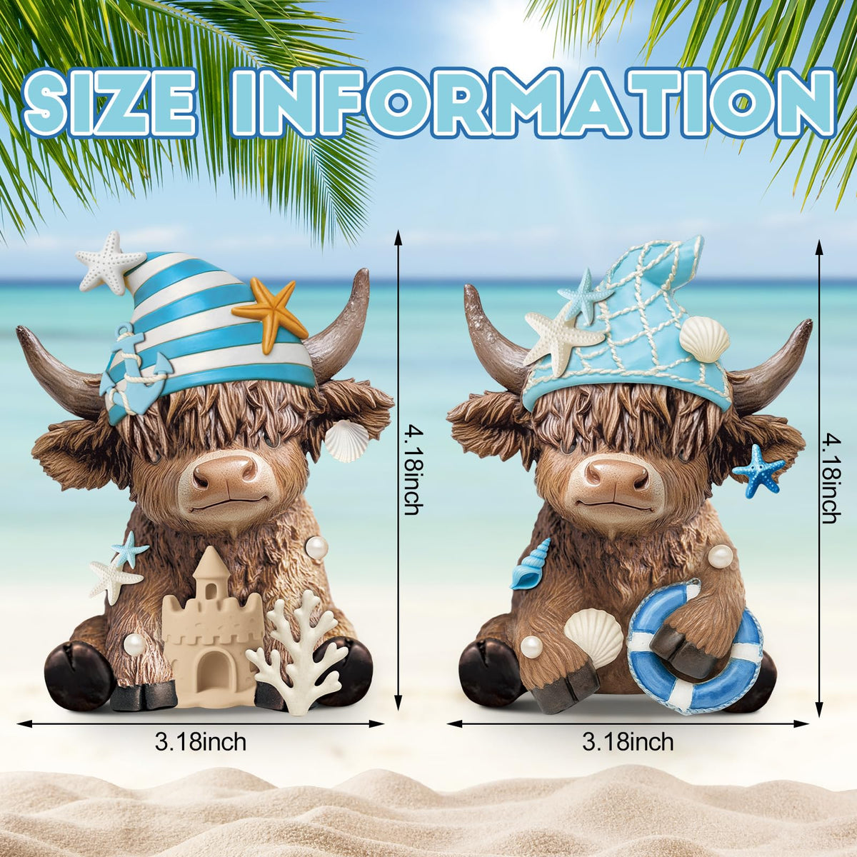 Karenhi 2 Pcs Coastal Farmhouse Home Decor, Summer Ocean Highland Cow Figurines with Anchor, Starfish, Shell and Coral, Nautical Beach Figurines for Home Table Shelf Decoration