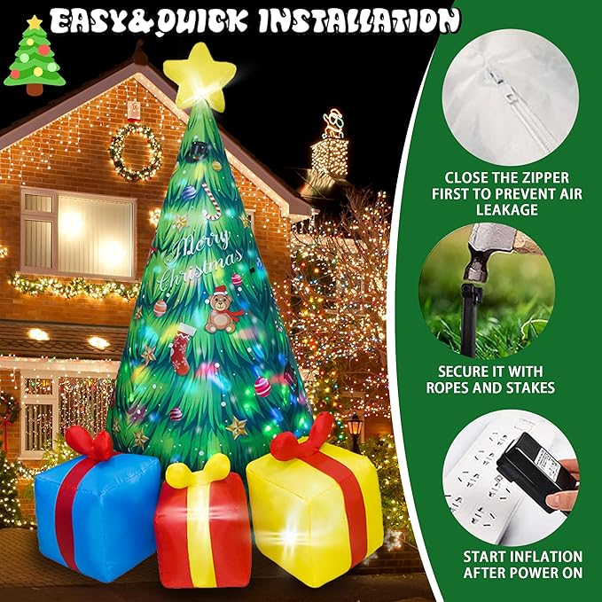 Dearsun 8ft Tall Inflatable Christmas Tree with Rotating LED Lights, Outdoor/Indoor Blow Up Xmas Tree with 3 Gift Boxes, Waterproof Holiday Decor for Yard, Lawn, Party