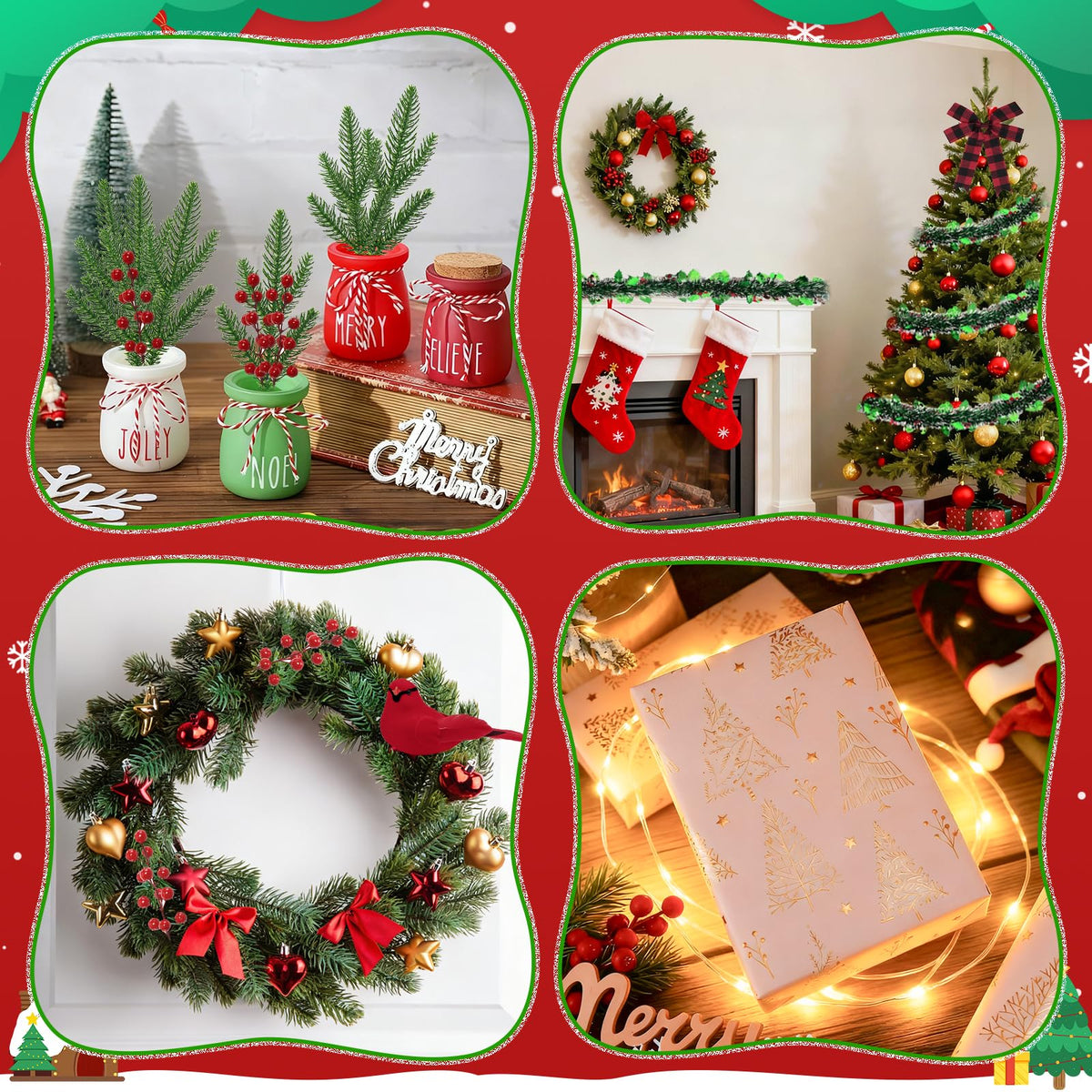 YIBOBO 13Pcs Christmas Lamp Post Decoration Set Include String Light, Pine Branches, Red Berries, Tinsel Garlands, Checkered Bow and Cardinal Bird for Outdoor Holiday Porch Lawn, NOT Include Lamp Post