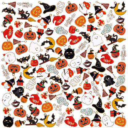 HTZNHXT 50 Pcs Halloween Charms, Halloween Alloy Charm Enamel, Pumpkin, Witch Hat, Ghost, Spider, Bat Pendants, Assorted Pendant Charms for Bracelet, Earring, Jewelry Making