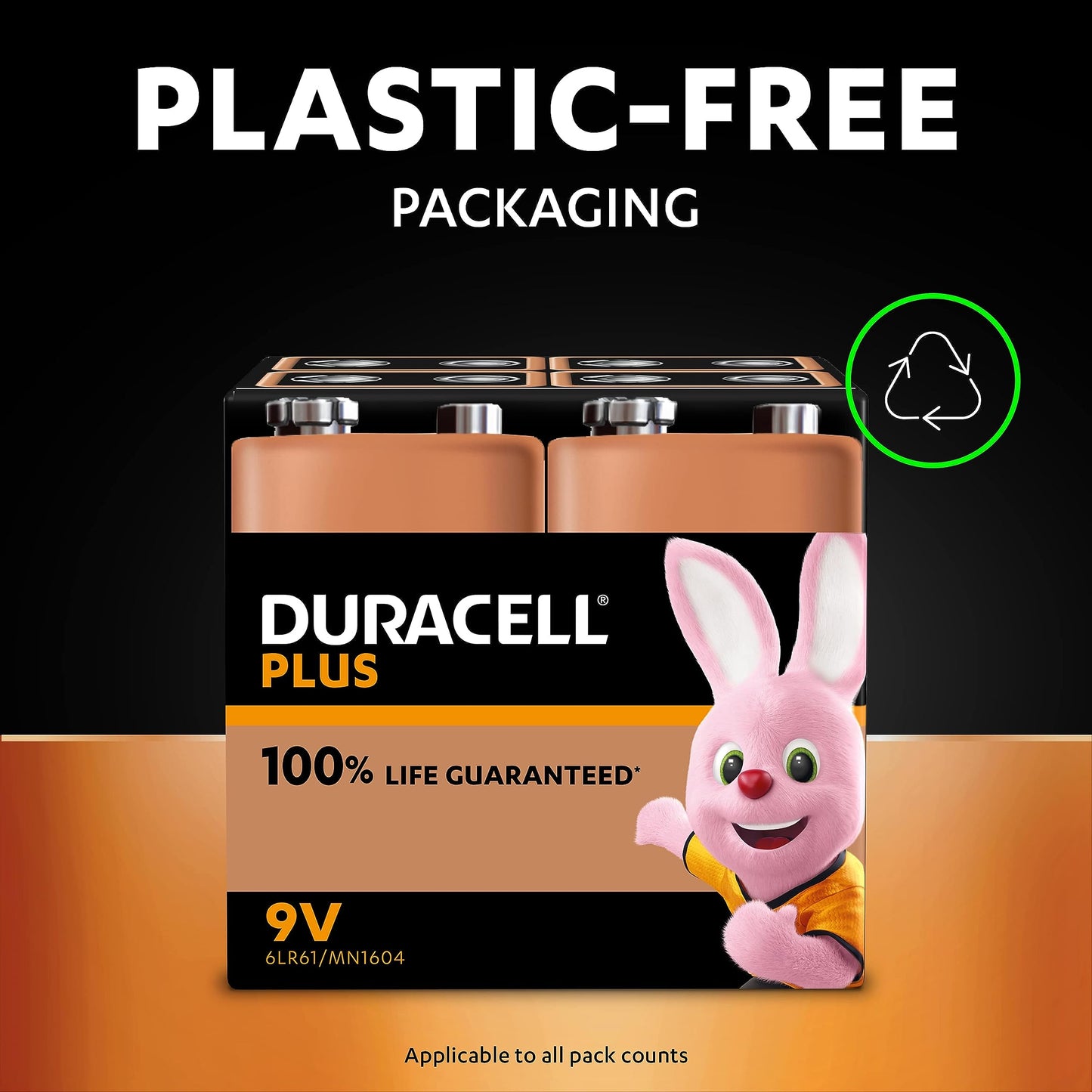 Duracell Plus 9V Batteries (4 Pack) - Alkaline - 100% Life Guaranteed - Reliability For Everyday Devices - 0% Plastic Packaging - 5-Year Storage - 6LR61 MN1604