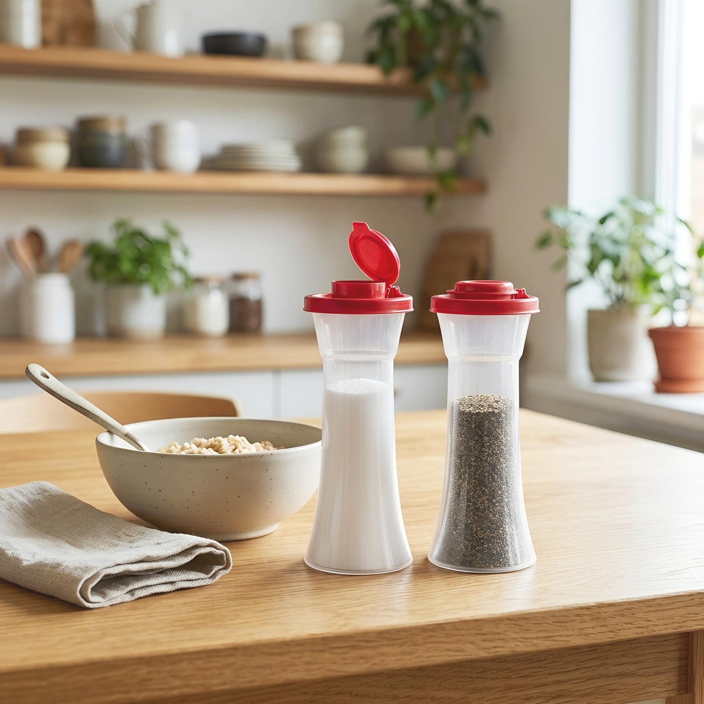 Tupperware Large Hourglass Salt and Pepper with Red Seals