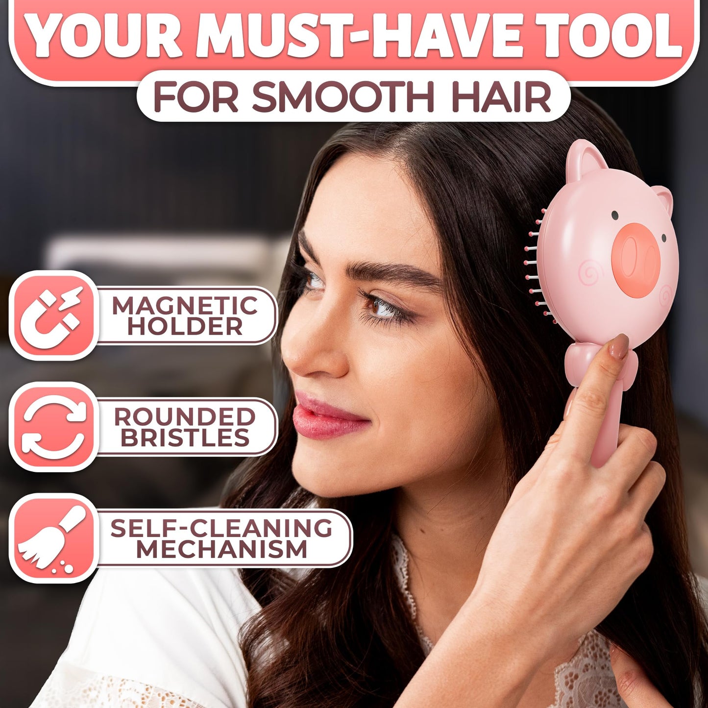 Retractable Hair Brush Pink Pig Designed - Compact 7.87 х 3.66 Inches Self Cleaning Hair Brush for Women with Magnetic Attach - Effective Detangling & Self Cleaning Hairbrushes with Soft Bristles