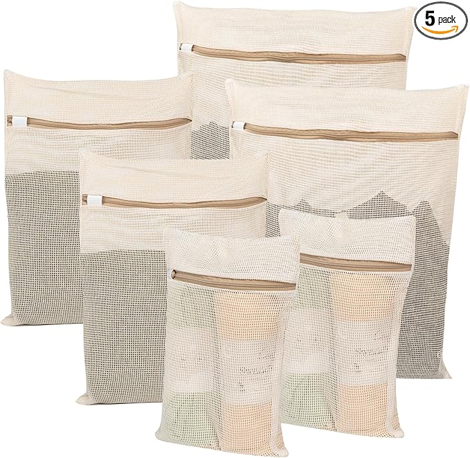 6-Piece Bag, Durable Cotton Mesh Laundry Bag, Sturdy Zipper, Breathable Mesh