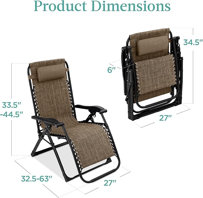 Best Choice Products Oversized Zero Gravity Chair, Folding Outdoor Patio Recliner, XL Anti Gravity Lounger w/Removable Cushion, Cup Holder, Side Tray, 350lb Capacity - Taupe