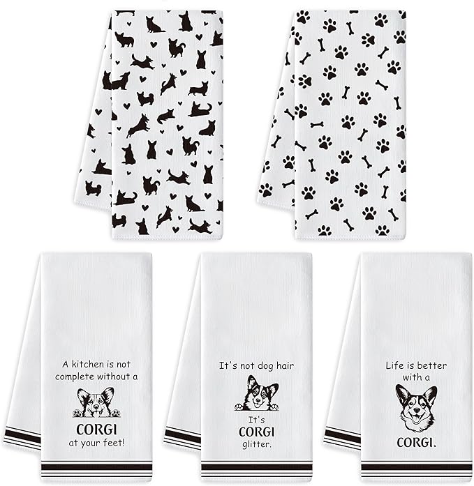 R HORSE Corgi Kitchen Dish Towel Set- 5Pcs Cute Corgi Cleaning Dishcloth Animal