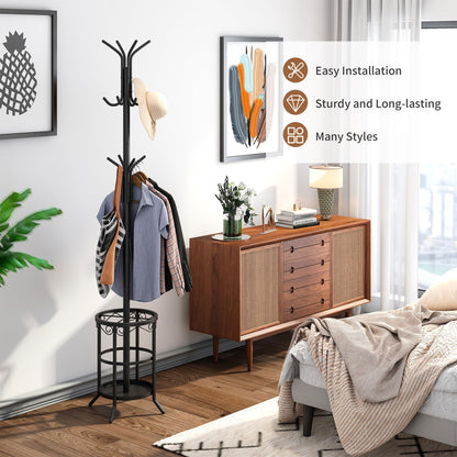 FILWH Coat Rack Freestanding with Umbrella Stand Coat Rack Stand with 12 Hooks Metal Coat Tree Coat and Hat Hanger Jacket Entryway(Black)