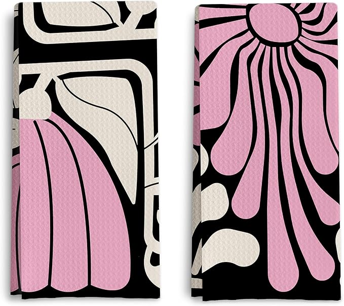 Abstract Boho Pink and Beige Floral Kitchen Towels Set of 2, Retro 70s Groovy
