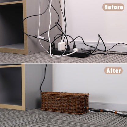 BROWNLILY Rattan Wire Storage Box, Handmade Cord Organizer for Desk Cord Hider Outlet Covers Baby Proofing for Power Strip TV PC Router Charger Under Desk Cable Management Box