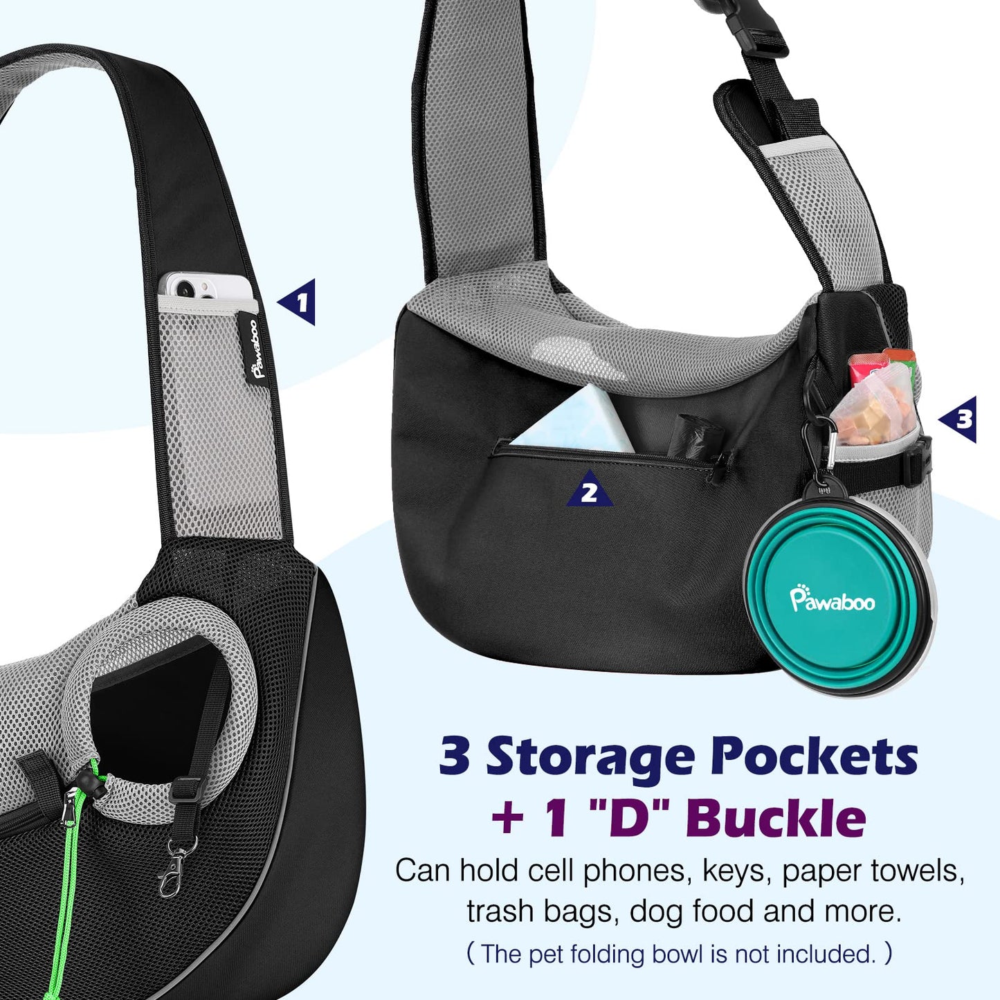 Pawaboo Pet Dog Sling Carrier, Hand Free Drawstring Dog Papoose with Adjustable Strap, Breathable Mesh Bag for Puppy Cat, Crossbody Satchel Dog Purse with Pocket for Outdoor Travel, Black, Small