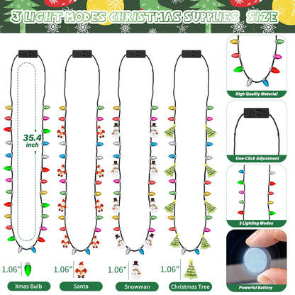 EOBOH Christmas Necklace, 4Pcs Light Up Christmas Necklace, Glowing Bulb Xmas Tree Santa Candy Cane Necklaces, 3 Modes Colorful Xmas Party Favors, Ugly Xmas New Year Eve Party Supplies Accessories