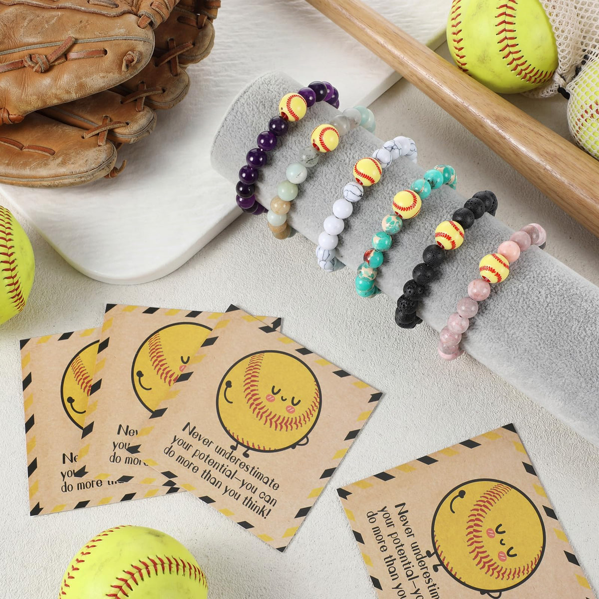 Tondiamo 6 Set Basketball Softball Inspirational Team Gifts Bulk Lava Stone Bracelet Motivational Card Bracelet Senior Night Sport Party Favors for Player Sport Lover (Softball)