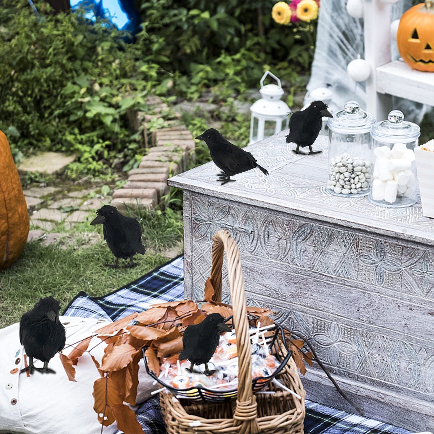 FUNPENY Halloween Black Feathered Crows, Lifelik Halloween Decoration Birds with Real Feather (6 Pack)