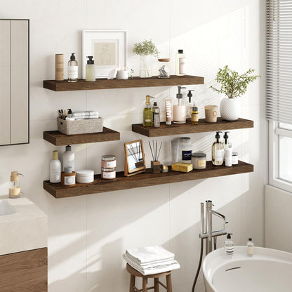 Acovy 24 Inch Floating Shelves, 3D Textured 24"x9.25"x1.5" Inch Deep Floating Shelves for Wall, Wooden Shelves for Bathroom, Bedroom, Living Room, Brown, 2 Pieces