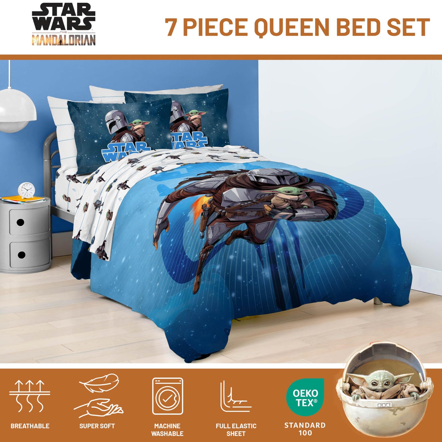 Jay Franco Kids Bed Set, Blue, The Mandalorian, 7 Piece Queen
