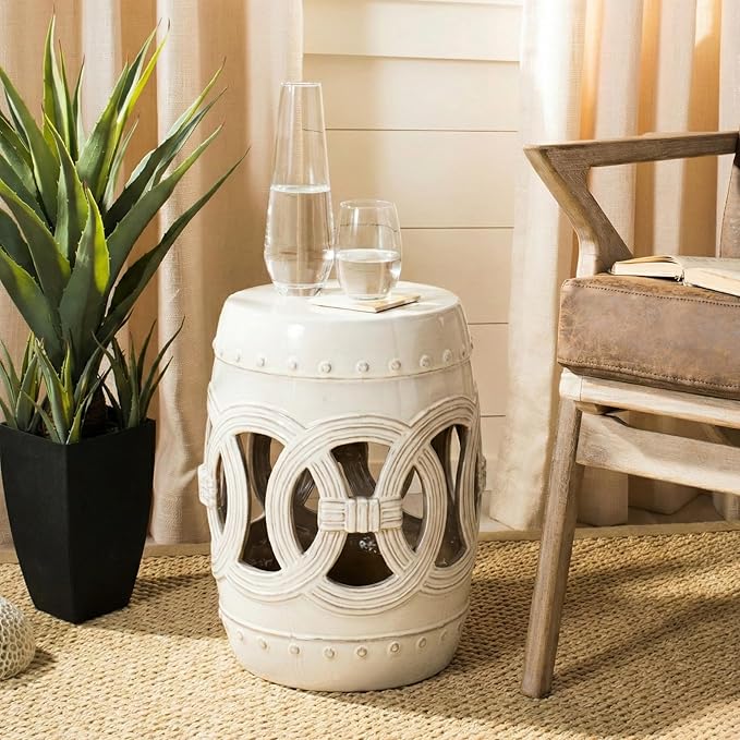 SAFAVIEH Home Collection Double Coin Cream Ceramic Indoor/ Outdoor Decorative Garden Stool (Fully Assembled)