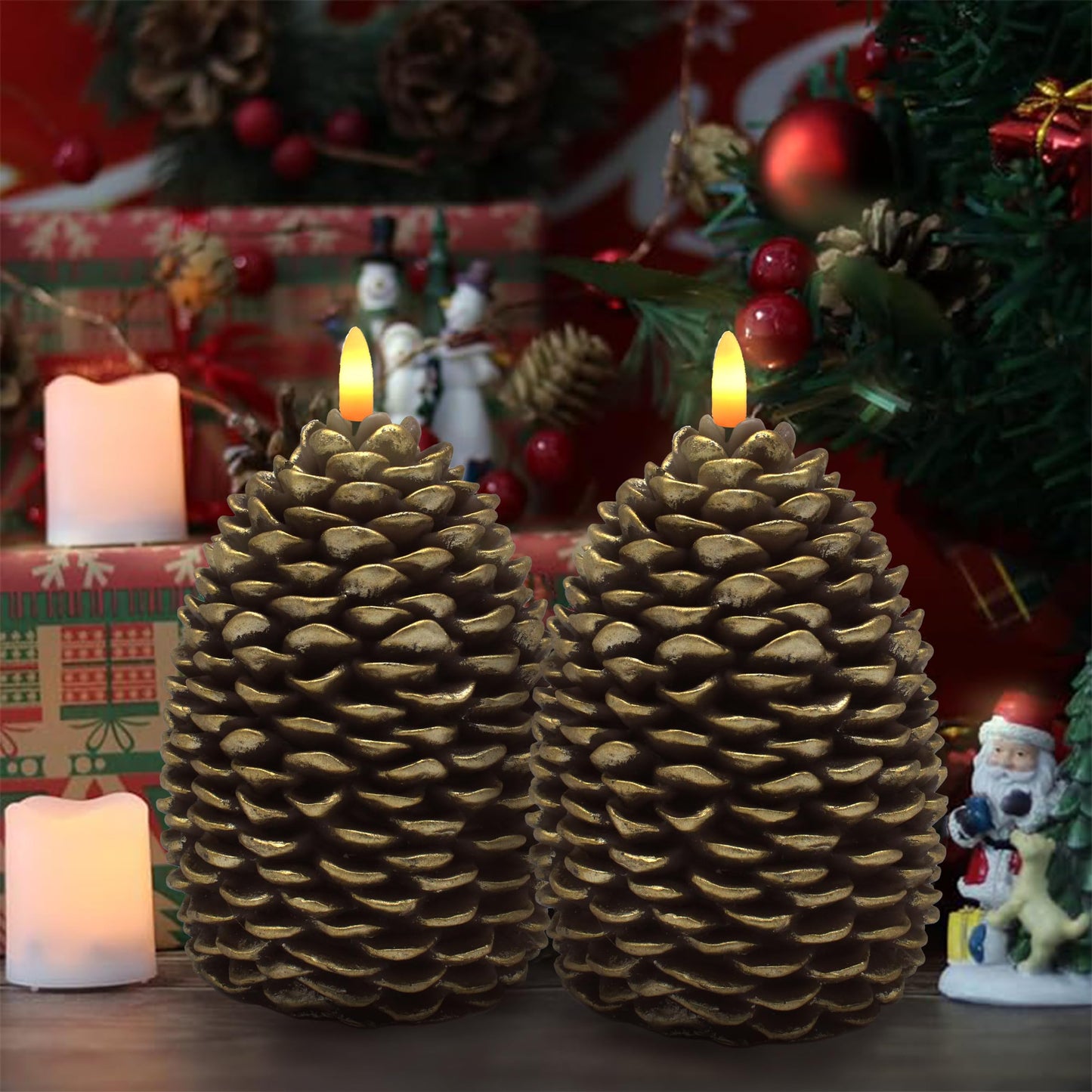 CVHOMEDECO. Pine Cone Candles Battery Operated Pinecones with Remote and Timer, Pine Cones Candle LED Flameless Flickering Candles for Fall, Christmas Decor. Golden-Brown, H 6.5 Inch, Pack of 2