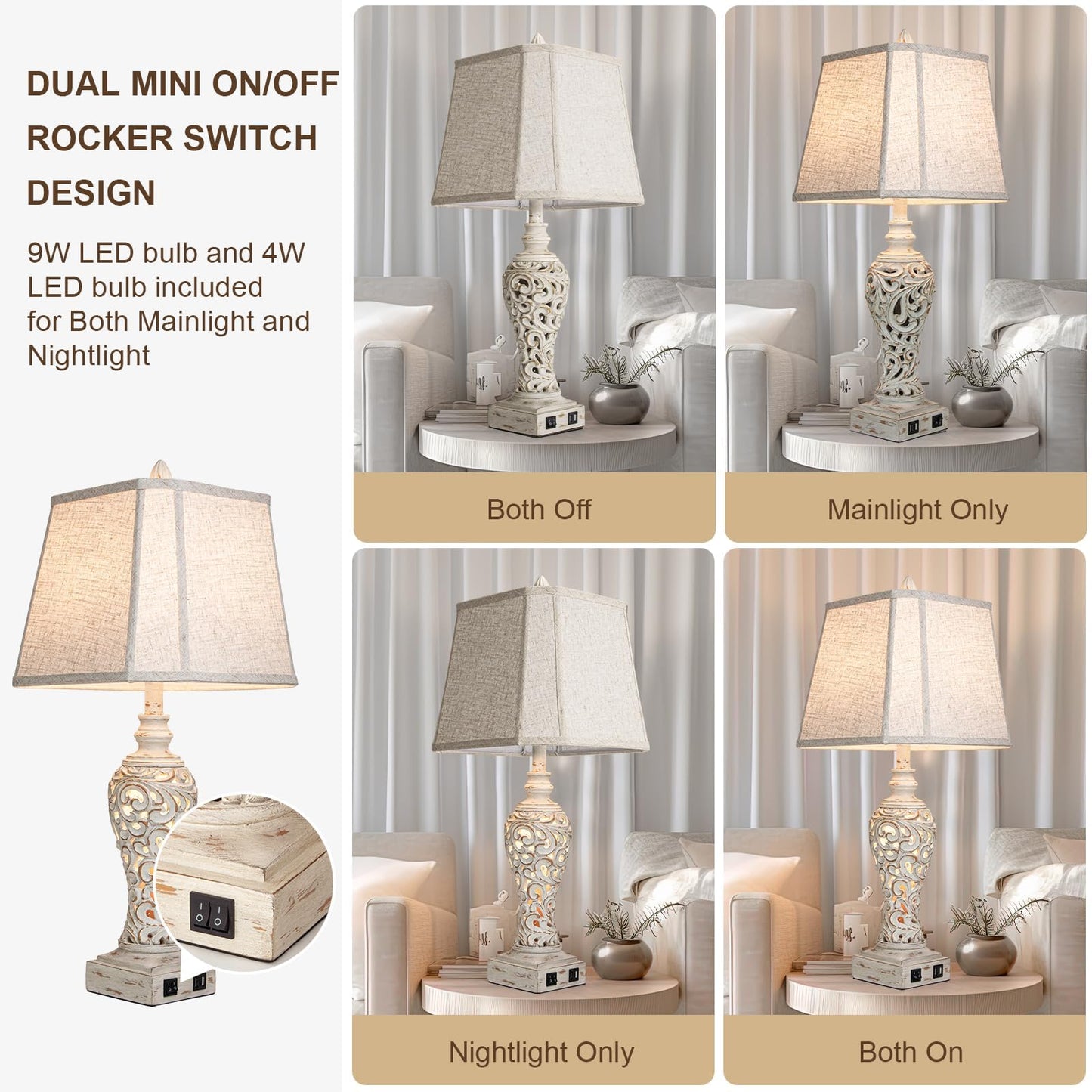 LuxSight Collection 28.5" Table Lamps Set of 2 - Bedside Lamp with Fabric Shades - for Bedroom and Living Room with USB and Nightlight - Perfect for Nightstands and Bedrooms
