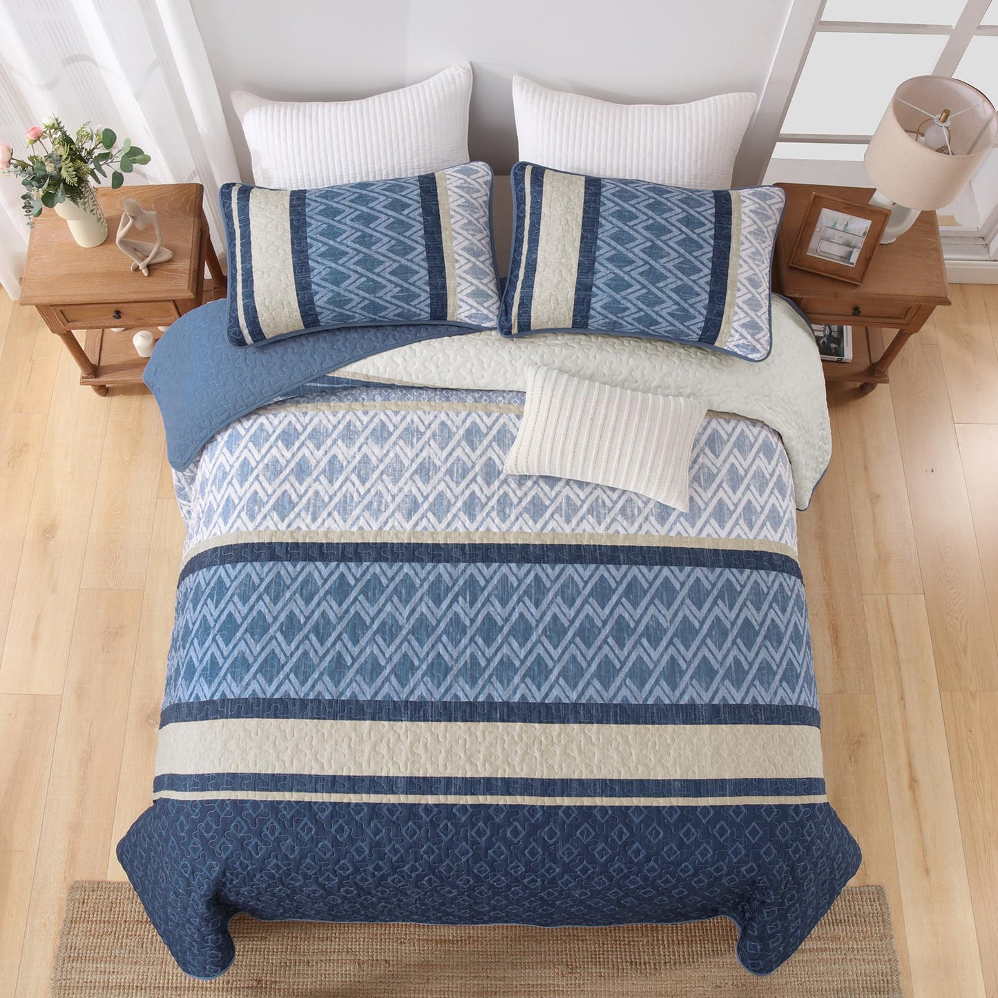 Dinjoy Boho Queen Quilt Set, Blue Striped Bedspread Queen Size,Navy Blue Bedding Sets 3 Pieces Micofiber Lightweight Fall Quilts with 2 Pillow Shams Coverlet Bed Sets for Women Men 96''x90''