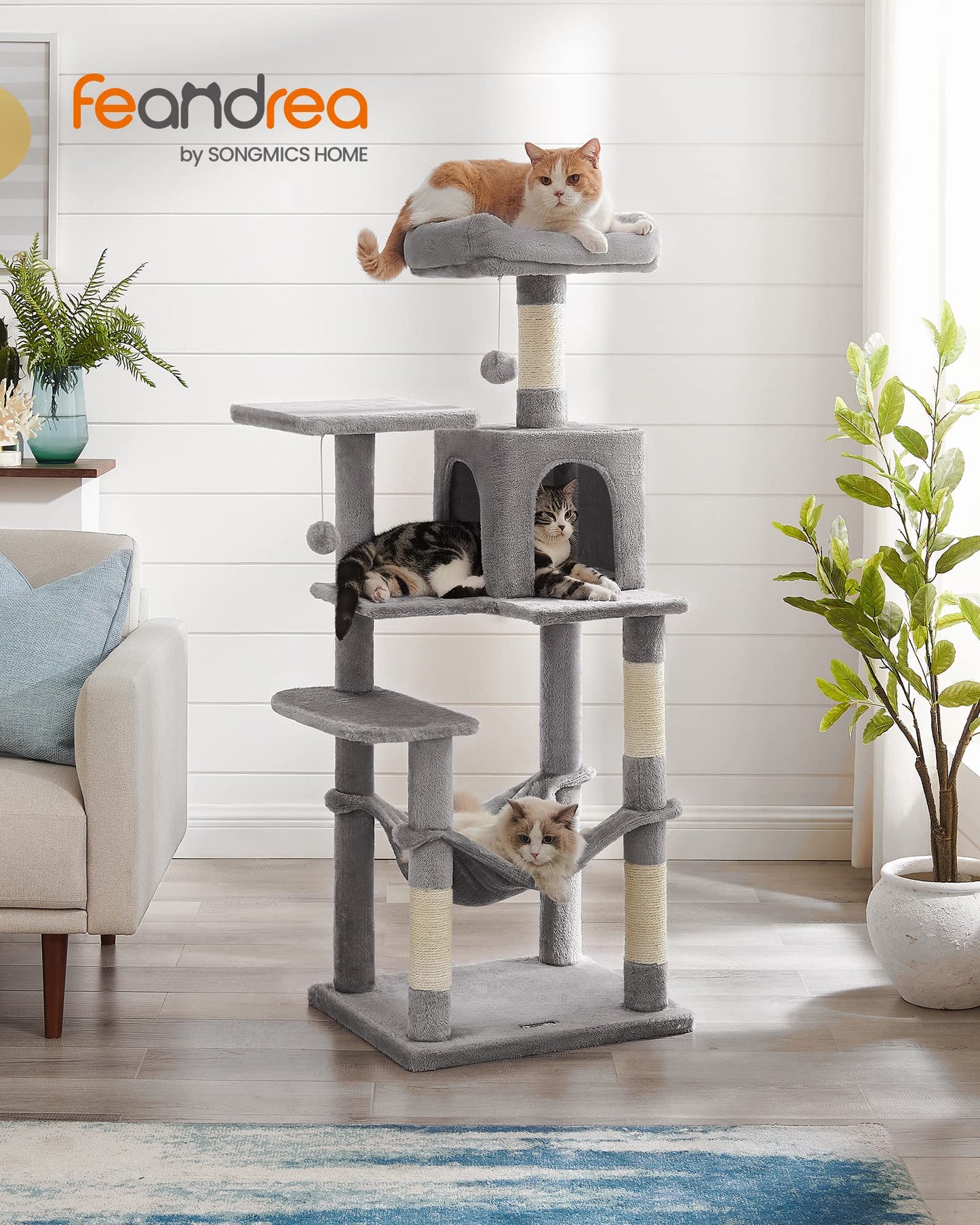 Feandrea Cat Tree, 143 cm Multi-Level Plush Cat Condo with 4 Scratching Posts, 2 Perches, Cave, Hammock, Pompoms, Light Grey