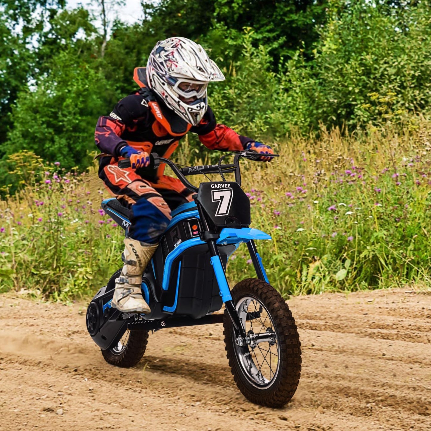 Garvee 24V Electric Dirt Bike for Kids 13+ Years Old, 350W Motor, 14.29 MPH, Dual Suspension, 2-Speed Modes, Max 135 LBS - Realistic Motorcycle Style with LED Lights & Music
