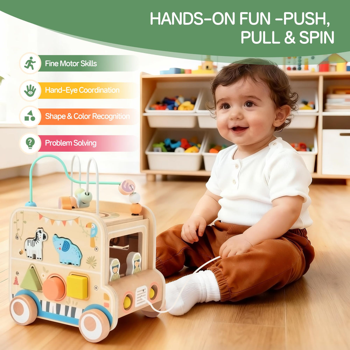 Pithfor Wooden Pull Along Activity Cube Toys, Montessori Toys for 1 2 3 Year Old Baby Toddlers, Baby Activity Cube for 1 Year Old, 1st First Birthday Gift