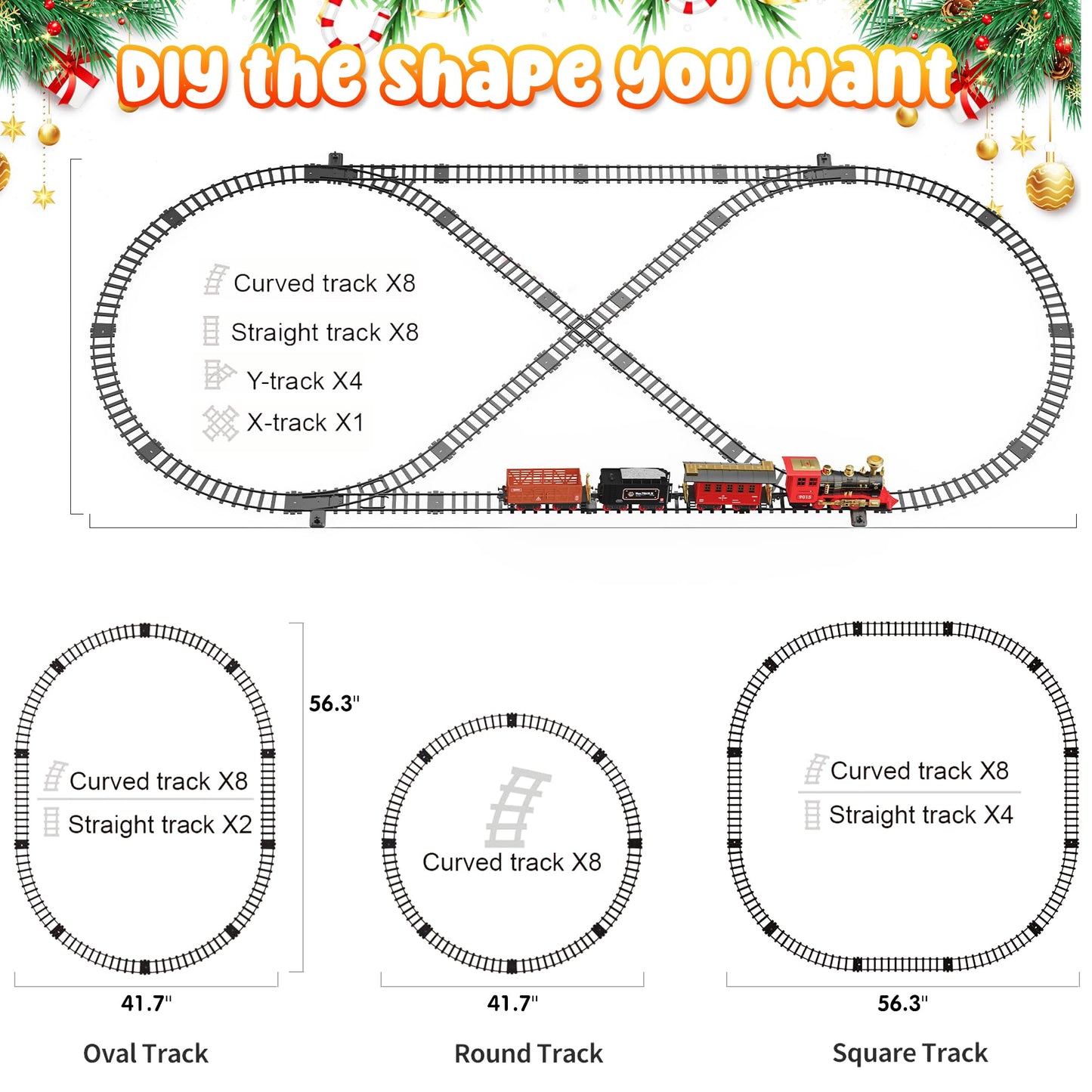 Hot Bee Christmas Tree Train Set with Remote Control and Luxury Track, Electric Train Set for Kids Adults, Train for Around the Christmas Tree, Steam Train Toy with Smoke