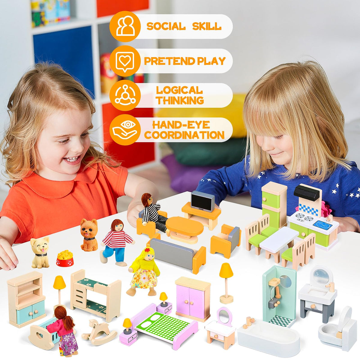 HAPGFS 36PCS Wooden Dollhouse Furniture Set with 4 Flexible Family Dolls - 5 Room Realistic Doll House Accessories for Toddlers 3 4 5 6, Pretend Play Toys Gift for Birthday and Christmas