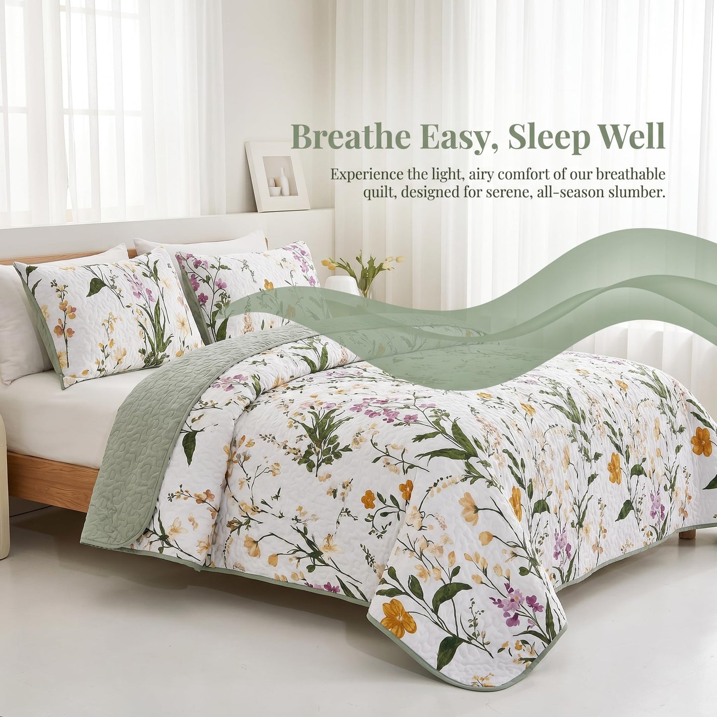 SANOCAY Boho Floral Quilt Set Queen Size 3 Piece Lightweight Summer Bedding Set with 2 Pillow Shams Soft Reversible Microfiber Bedspread Farmhouse Coverlet for All Season (Minimalist Floral, Queen)