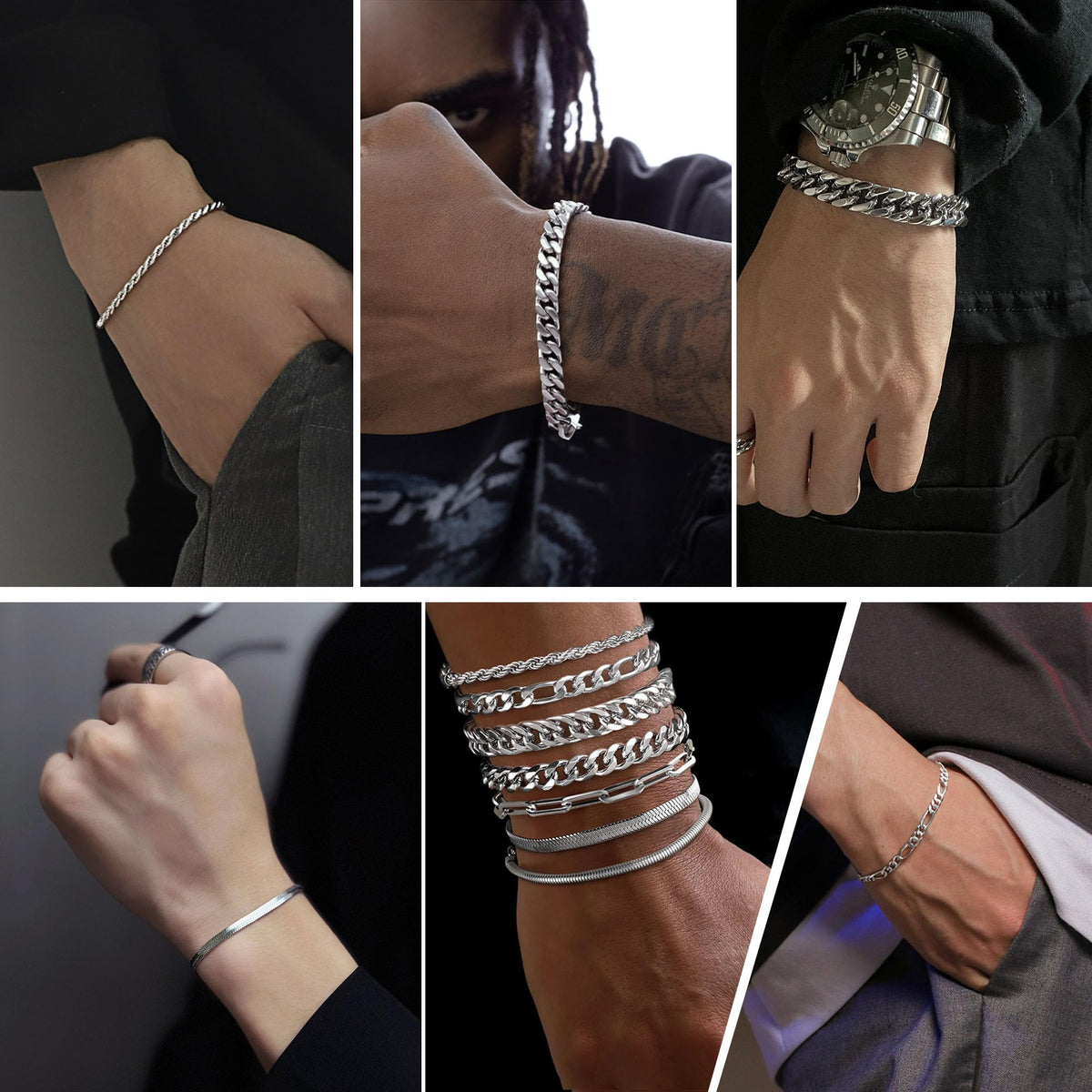 Ritach 7 Pcs Stainless Steel Bracelets for Men Women Cuban Link Bracelet Rope Paperclip Chain Bracelets Set 7.5/8.0 Inches Mens Metal Bracelets Silver Bracelets