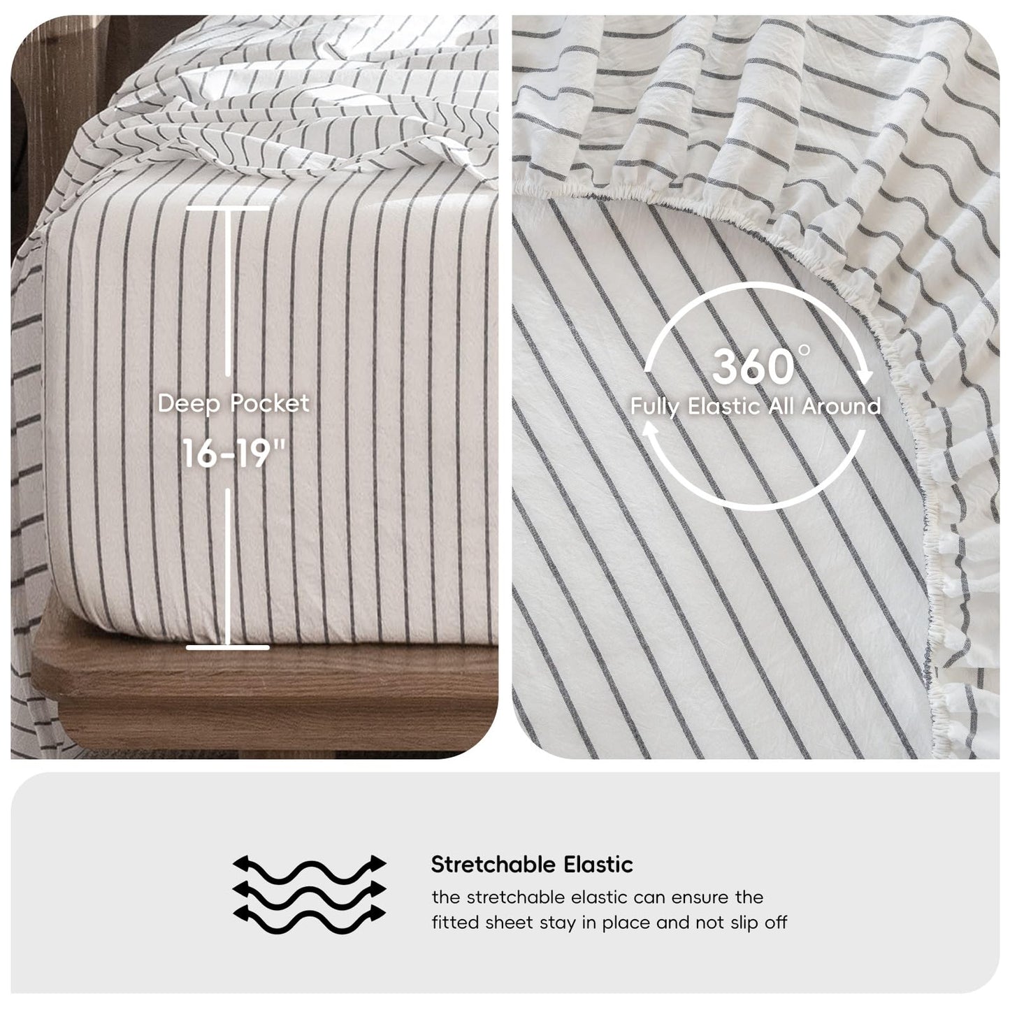 MooMee Fitted Bottom Sheet Only 100% Washed Cotton Linen Like Textured Breathable Durable Soft Comfy Deep Pocket Fits Mattress up to 17" (White Dark Grey Wide Stripes, Queen)