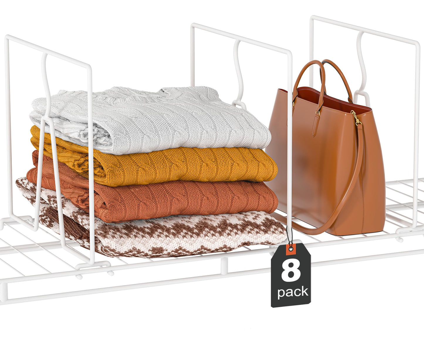 Saccik Wire Shelf Dividers for Closet: Clothes, Purse, Sweater Organizer, Vertical White Metal Rack Separators for Pantry, Bedroom, Kitchen Organization on Shelving (12" D x 10.6" H, 8 Pack)